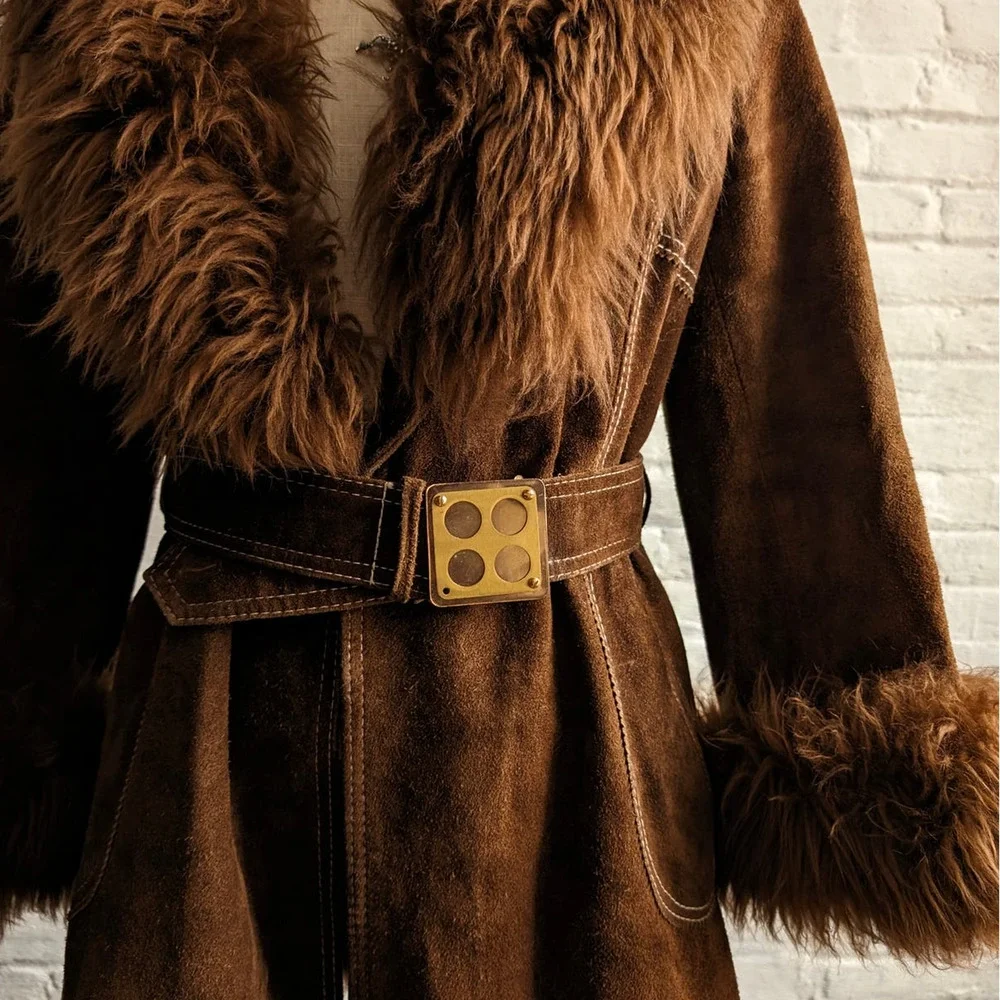 70s Vintage Brown Suede Penny Lane Afghan Coat Fur Furry Groovy Boho Chic Jacket